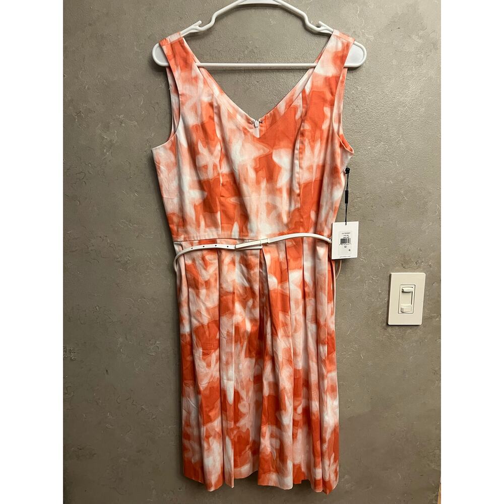 NWT Calvin Klein Size 10 Orange White Floral Pleated Belted Sleeveless Dress - Picture 9 of 9